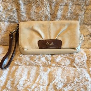 Coach cream and brown leather wristlet